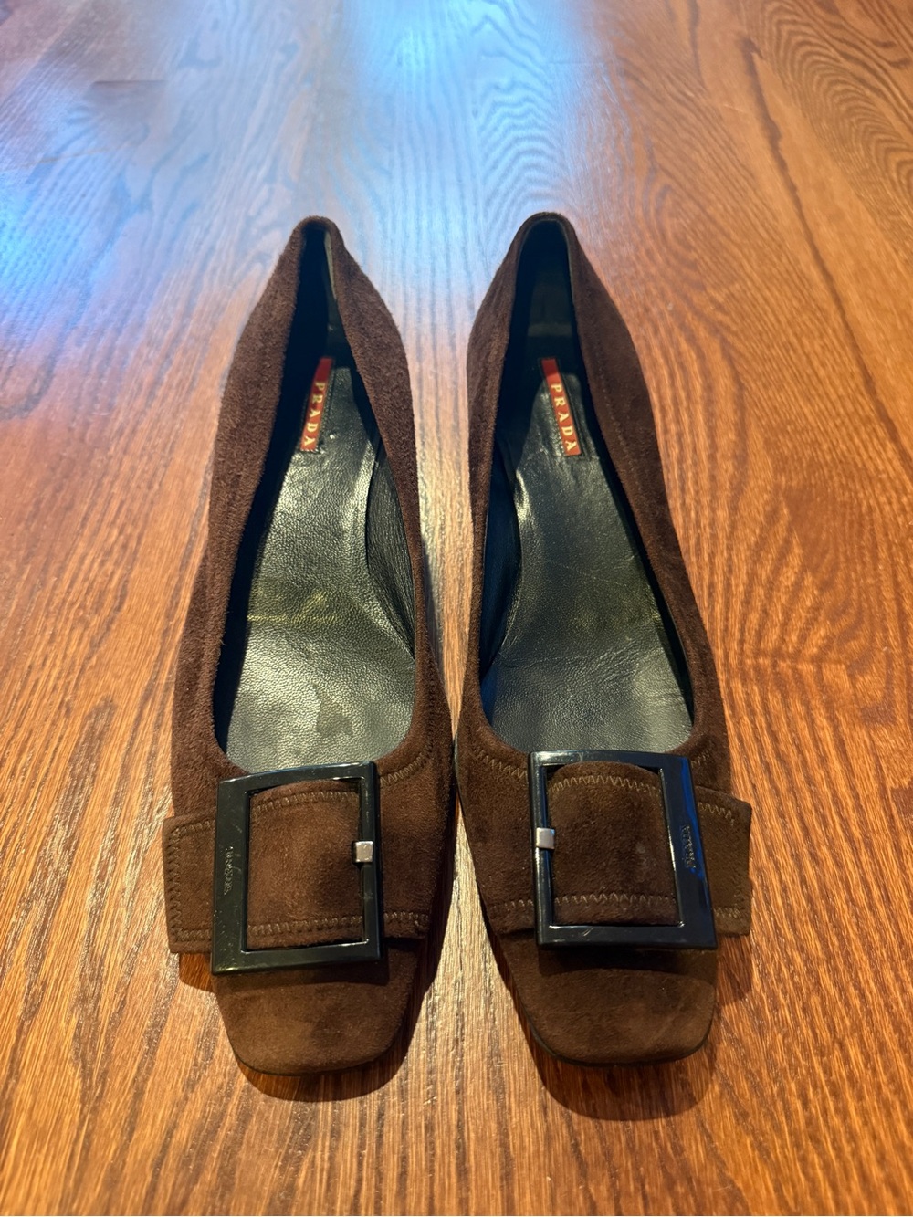 Prada Dark Brown Suede Square-Toe Heels with Buckle